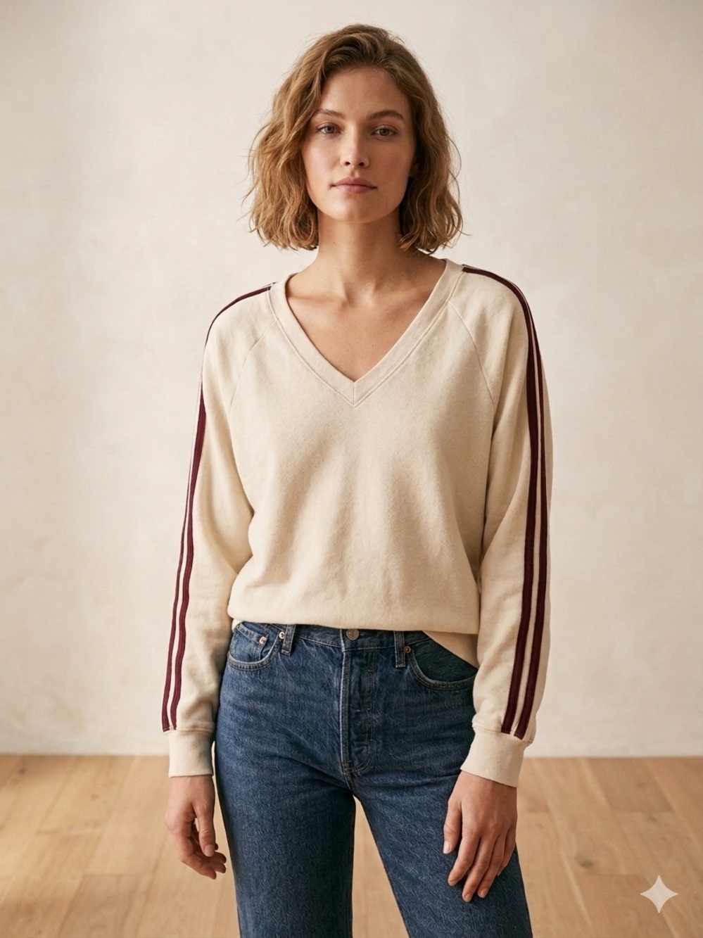 Daydreamer V-Neck Cream Sweater with Burgundy Stripe Sleeve